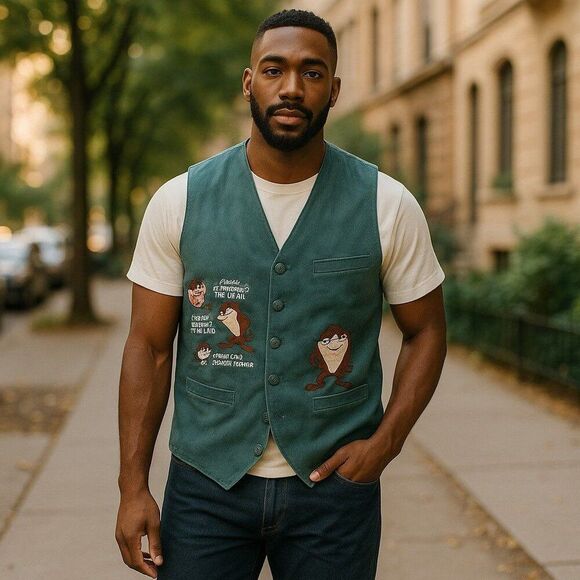 Warner Brothers Looney Tunes Vintage 90s Tasmanian TAZ Devil Suede Vest Unisex L - Picture 3 of 8